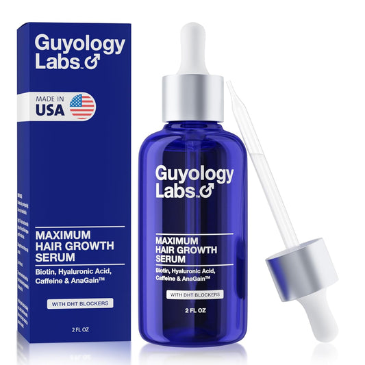 "Guyology Labs Biotin Hair Growth Serum for Men, Women & All Types of Hair - DHT Blocker & Scalp Serum - Hyaluronic Acid, Citrus - Anti Thinning Hair - Anti Hair Loss - Hair Regrowth - Made in USA"